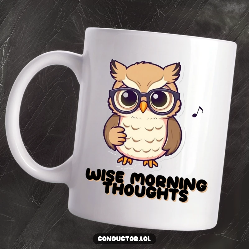 Funny Owl Conductor Mug: A focused owl with spectacles intently watches a musical score with glowing eyes, a symbol of musical wisdom.
