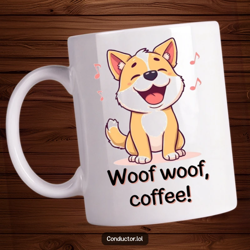 Funny dog mug, proudly barking along to music with a happy, wagging tail, perfect for pet lovers.