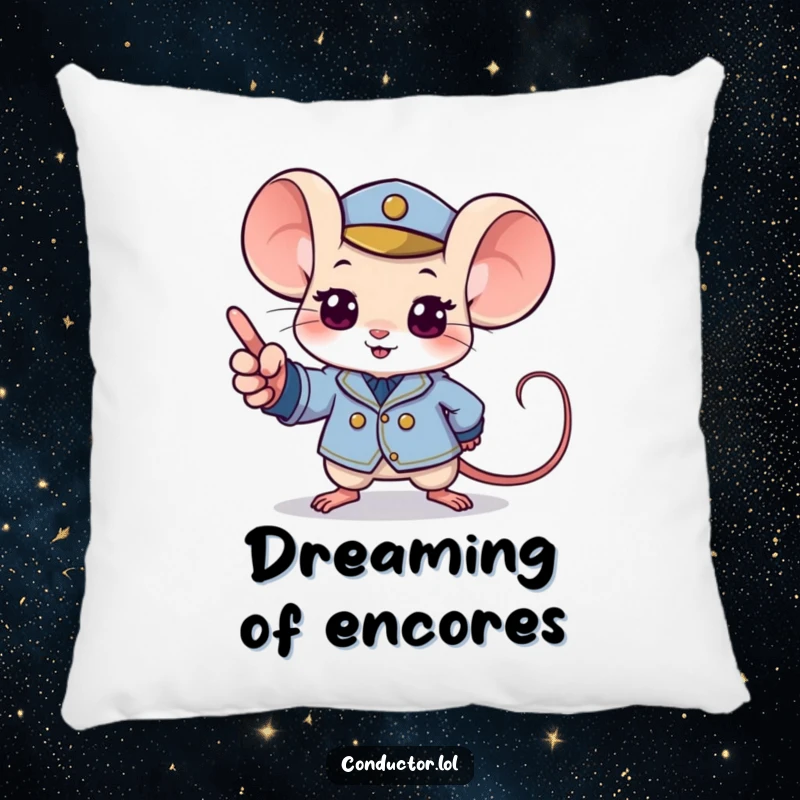 Funny mouse pillow depicting a determined mouse in a tiny uniform pointing with excitement towards a musical crescendo.