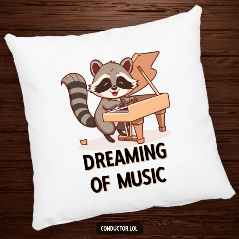 Funny Pillow: Happy raccoon energetically playing piano keys with its tail, a soft and humorous decorative item.