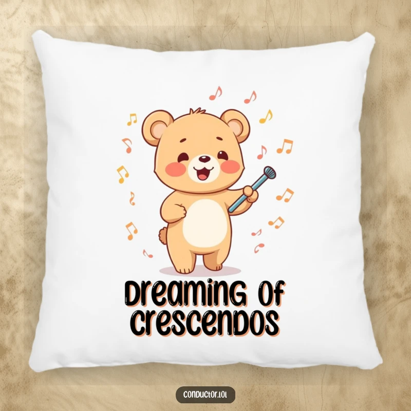 Funny happy cartoon bear cub energetically waving a tiny baton surrounded by musical notes on a soft pillow, comfy conducting.