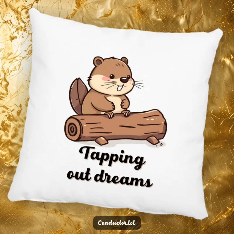 Funny pillow featuring a determined beaver tapping its tail on a log, offering a humorous and cozy decorative accent, an ideal funny gift.