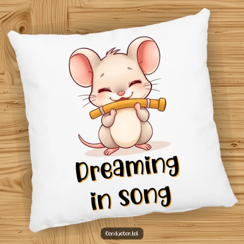 Funny Flute Mouse Pillow: Tiny character with closed eyes happily plays flute, a soft and humorous cushion.