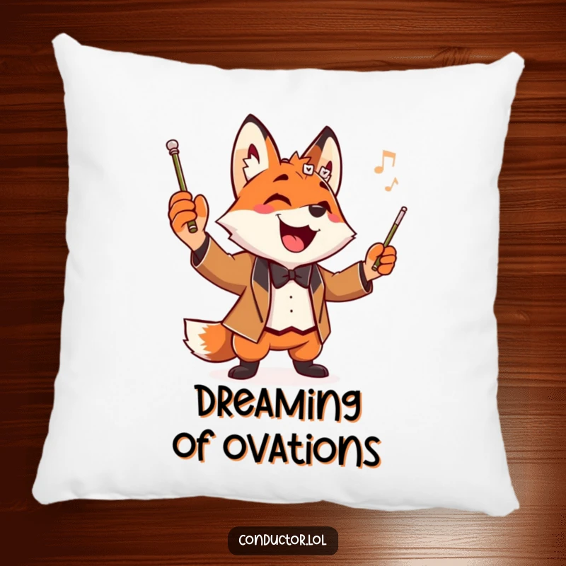 Funny Fox Conductor Pillow featuring a playful fox maestro striking a dramatic pose, perfect for adding a touch of whimsy.