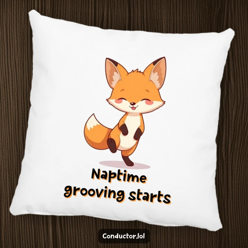 Funny fox tapping its foot to unheard music, full of playful energy, on a soft, decorative pillow.