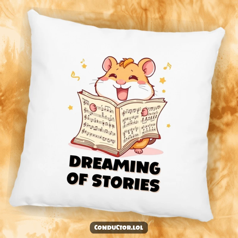 Funny Hamster Score Pillow: A giggling hamster furiously turns pages of a music score.