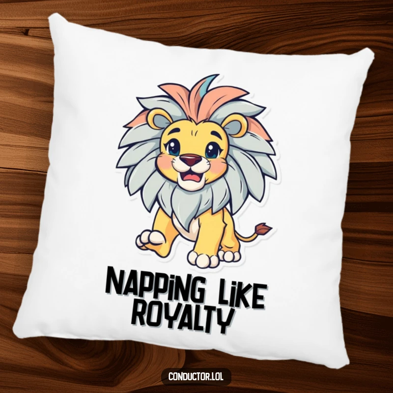 Funny bold lion with a magnificent mane, leading with gusto, on a soft accent pillow.