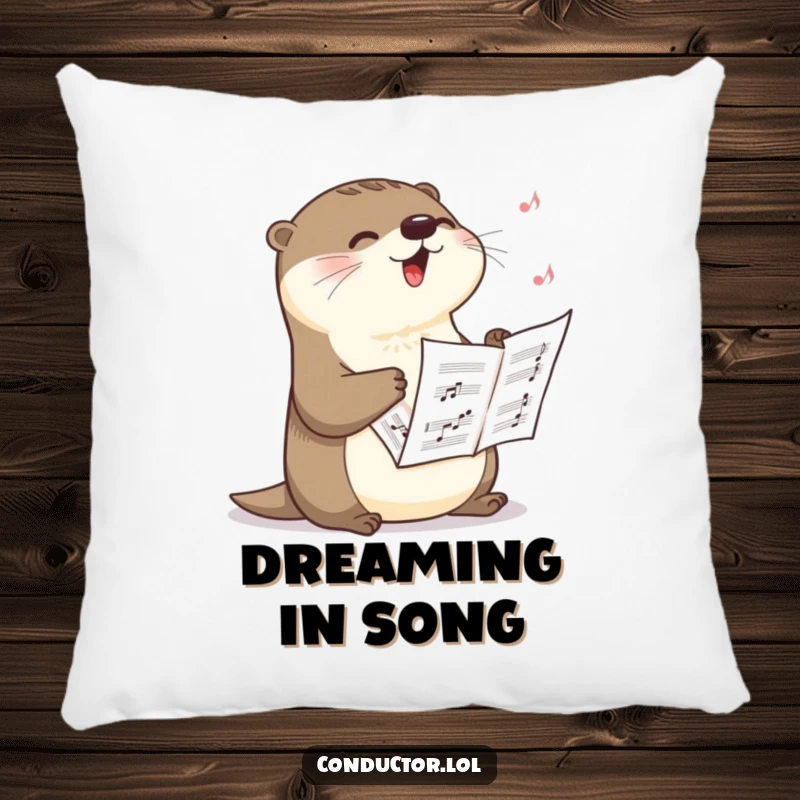 Funny pillow featuring a happy otter singing a dramatic crescendo, clutching sheet music, offering a humorous and cozy decorative accent, an ideal funny gift.
