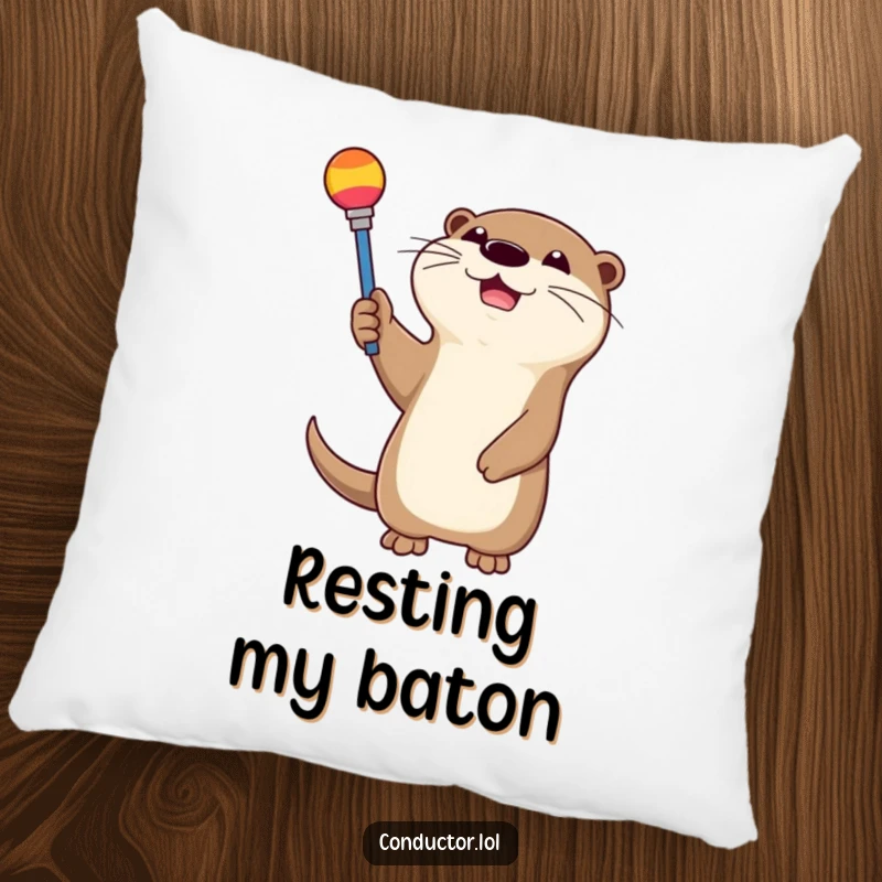 Funny, happy otter waving a colorful baton, depicted on a soft and comfortable pillow. Great for decor.