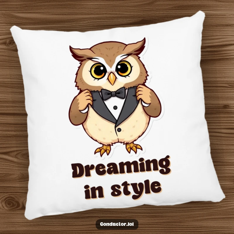 Funny owl tuxedo pillow, a curious owl adjusting an oversized tuxedo with a pleased expression, offering comfort and dapper humor.
