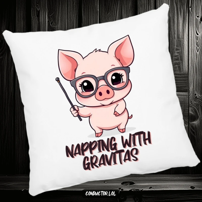 Funny Piglet Orator Pillow: a piglet in oversized spectacles gestures dramatically with a small flag, adding humor.