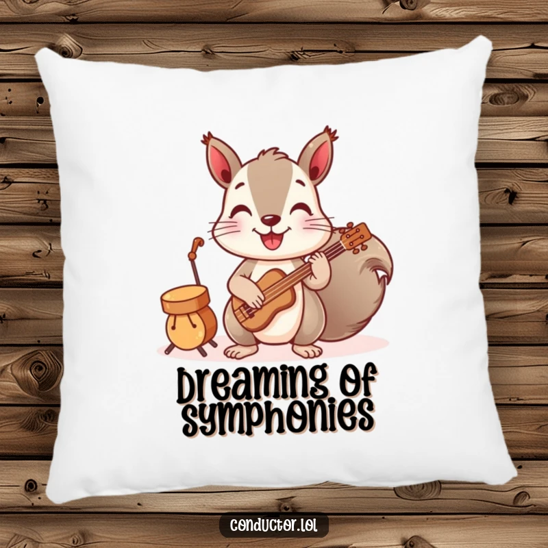 Funny pillow with a playful squirrel leading a band of tiny instruments, offering soft comfort and a dose of musical charm.