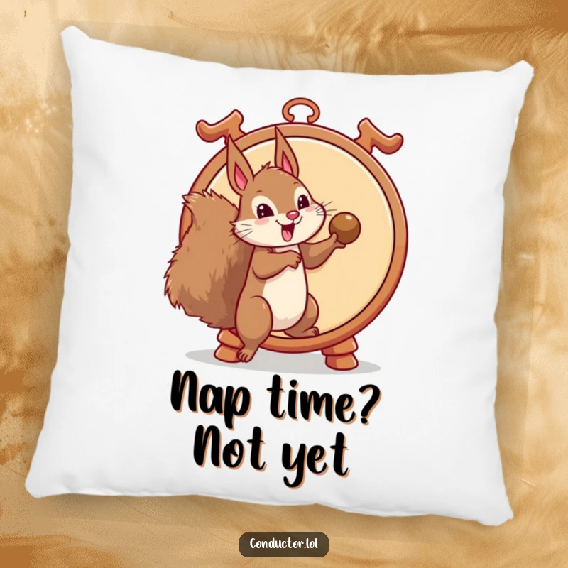Funny pillow featuring a mischievous squirrel about to strike a gong, offering a humorous and cozy decorative accent, an ideal funny gift.