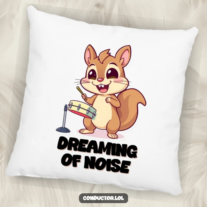 Funny throw pillow with an energetic squirrel character gleefully banging cymbals with wide, excited eyes, adding playful decor.