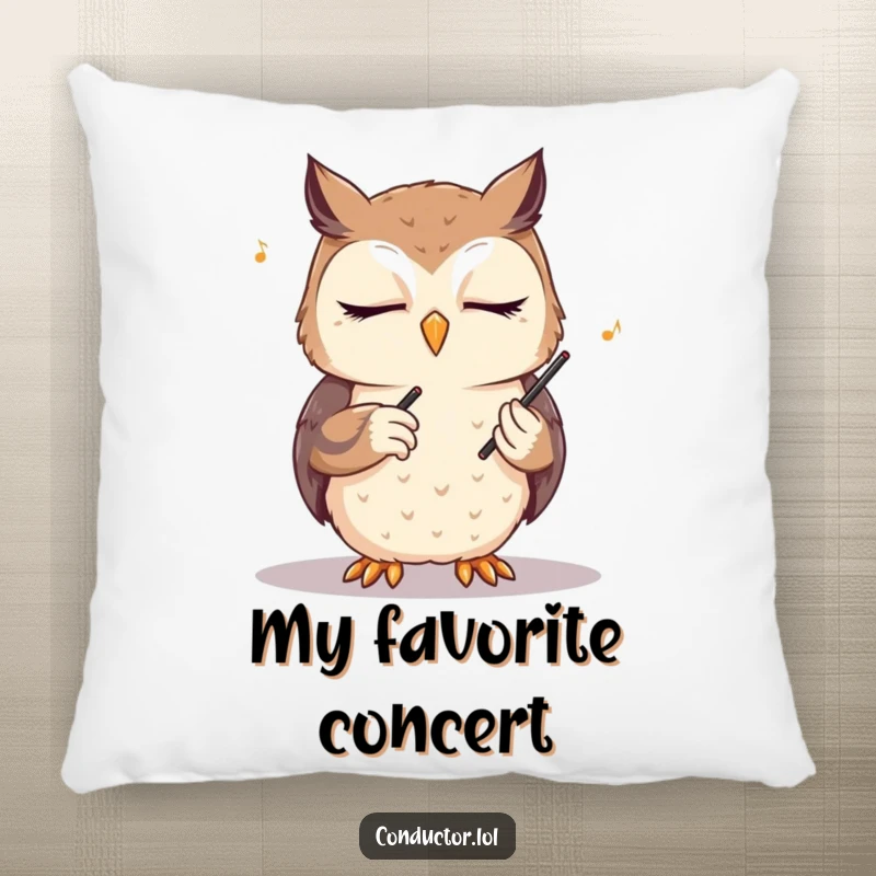 Funny owl conductor pillow, eyes closed, conducting an unseen orchestra, offering plush comfort and a dose of wise, humorous musical delight.