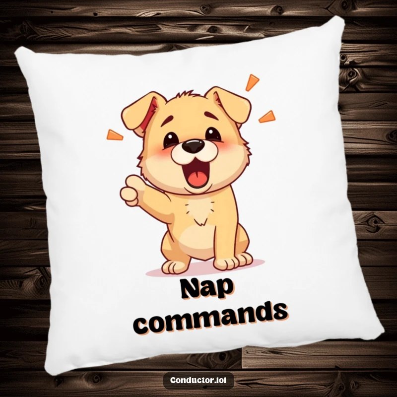 Funny pillow featuring a determined puppy barking energetic commands, providing cozy comfort and playful, authoritative humor.