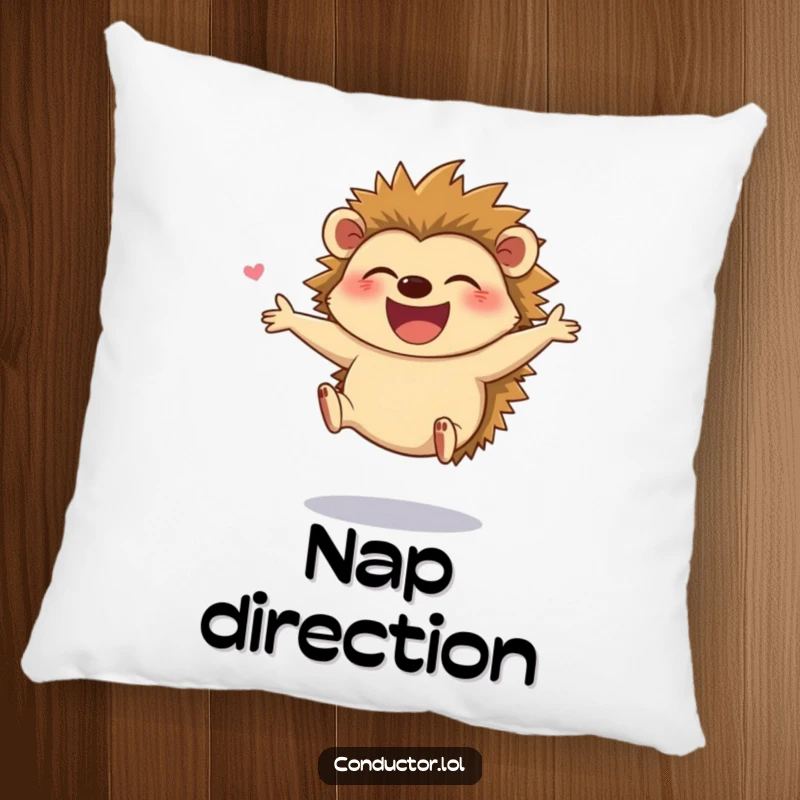 Funny pillow featuring a giggling hedgehog leaping joyfully while directing, providing cozy comfort and cheerful humor.