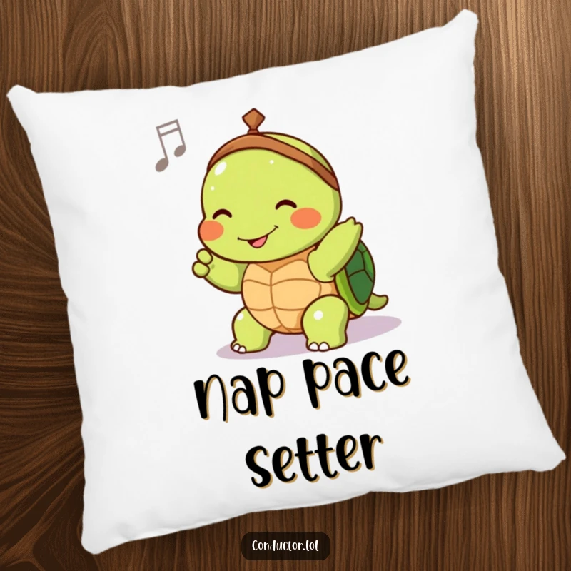 Funny pillow with a joyful turtle conductor slowly guiding tempo with a contented smile, a comfy cushion of calm.