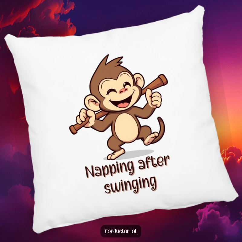 Funny monkey conductor pillow, soft and inviting, featuring a grinning monkey. A cozy, funny gift.