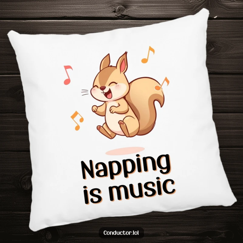 Funny Squirrel Musician Pillow: A soft pillow featuring a playful squirrel leaping between musical notes, offering comfort and fun.