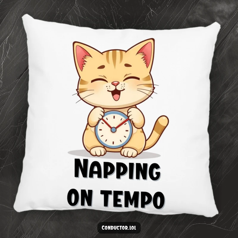 Funny pillow featuring a giggling cat tapping a metronome with intense concentration, adding musical charm to decor.