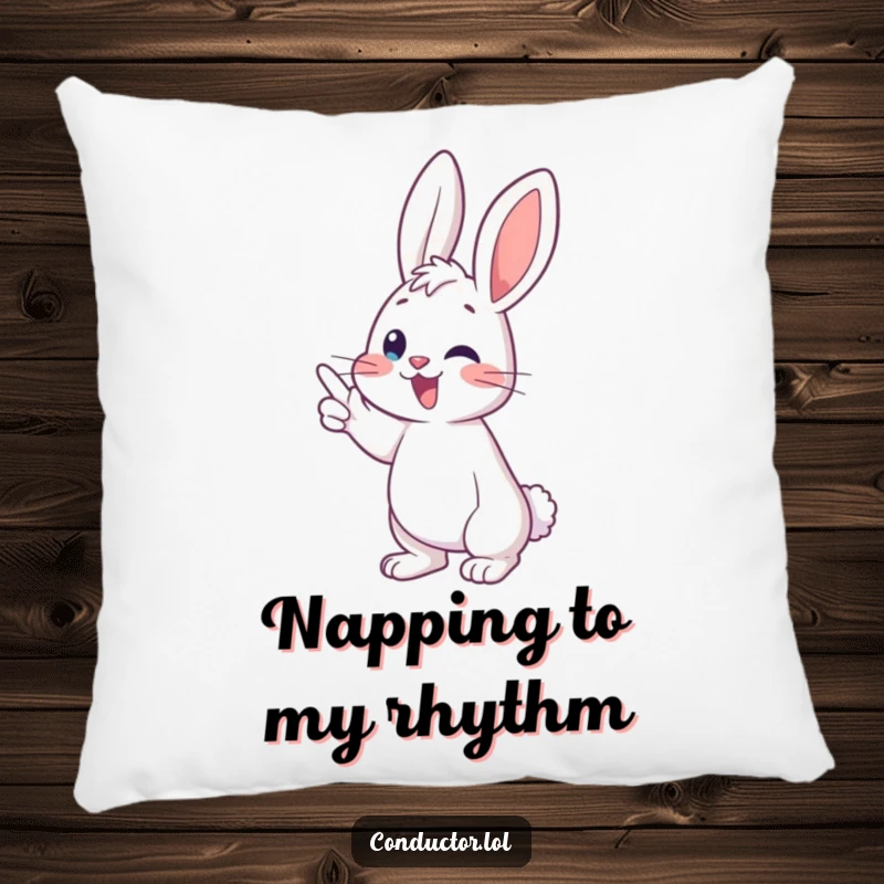 Funny bunny conductor pillow, depicted with joyful energy leading a musical crescendo, a humorous and cozy home accent.
