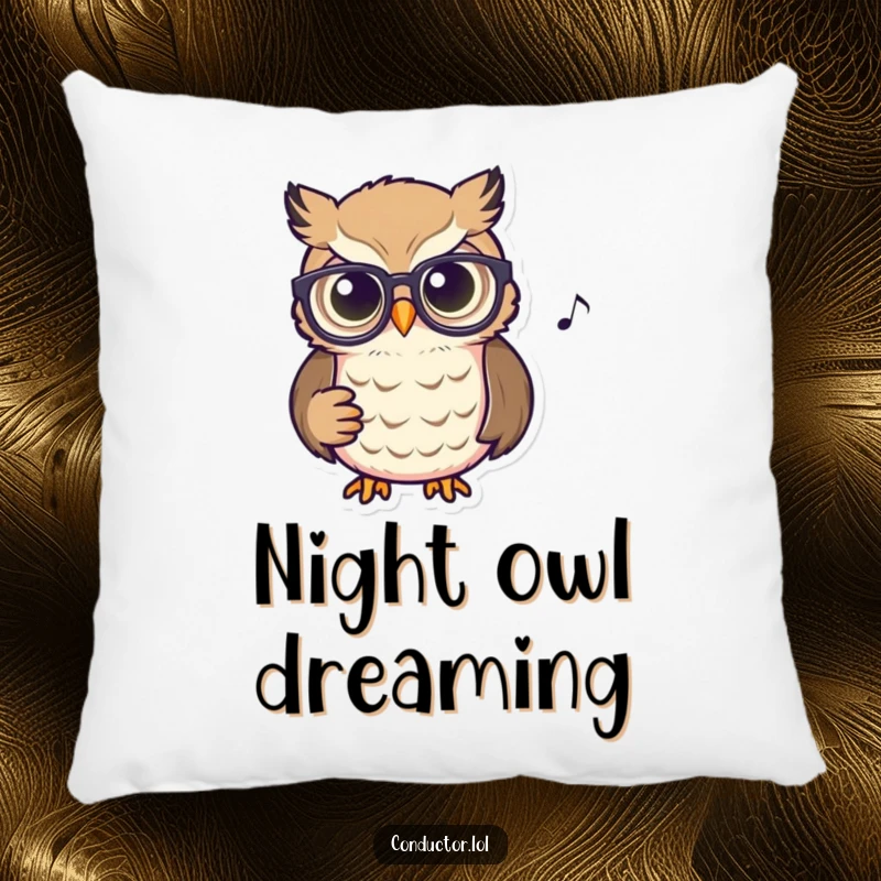 Funny Owl Conductor Pillow: A plush pillow featuring a wise owl with spectacles, intently watching a musical score.