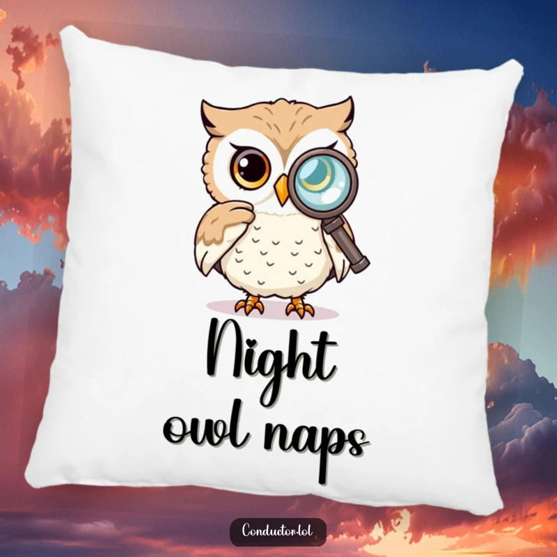 Funny, soft pillow featuring a curious owl peering through a spyglass, perfect for adding a touch of intellectual charm.