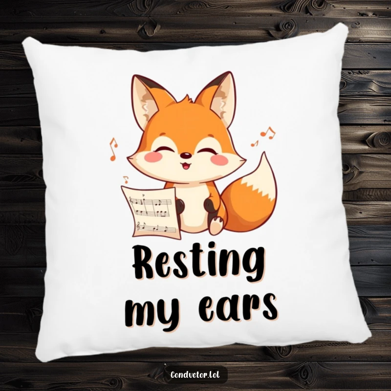 Funny cheerful cartoon fox intensely looking at an unseen musical score with a joyful expression on a soft pillow, comfy musical focus.