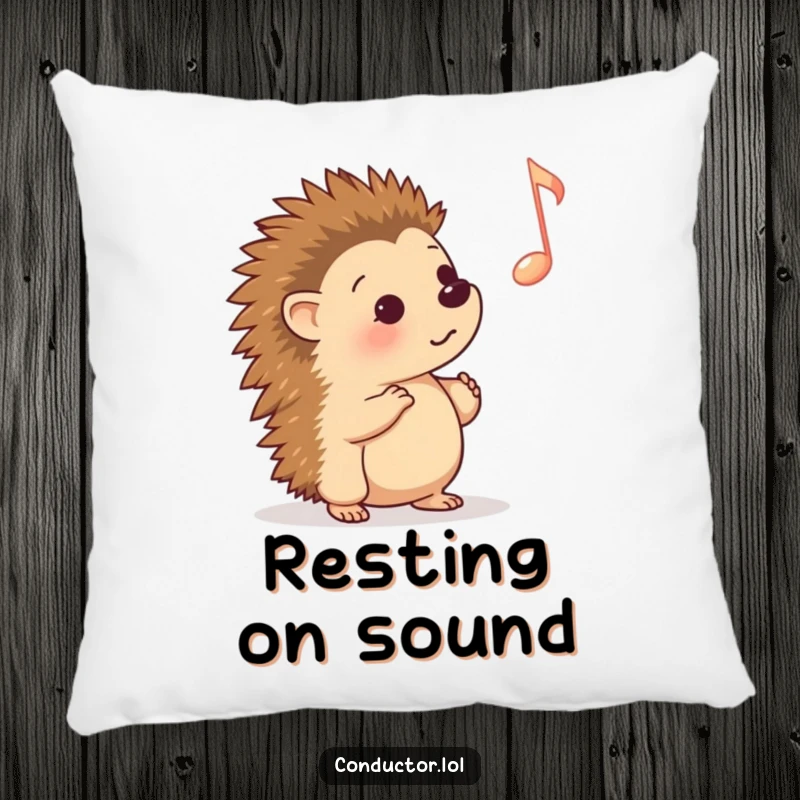 Funny Pillow: A curious cartoon hedgehog intently listening to a prominent musical cue, offering plush comfort and a whimsical musical theme.