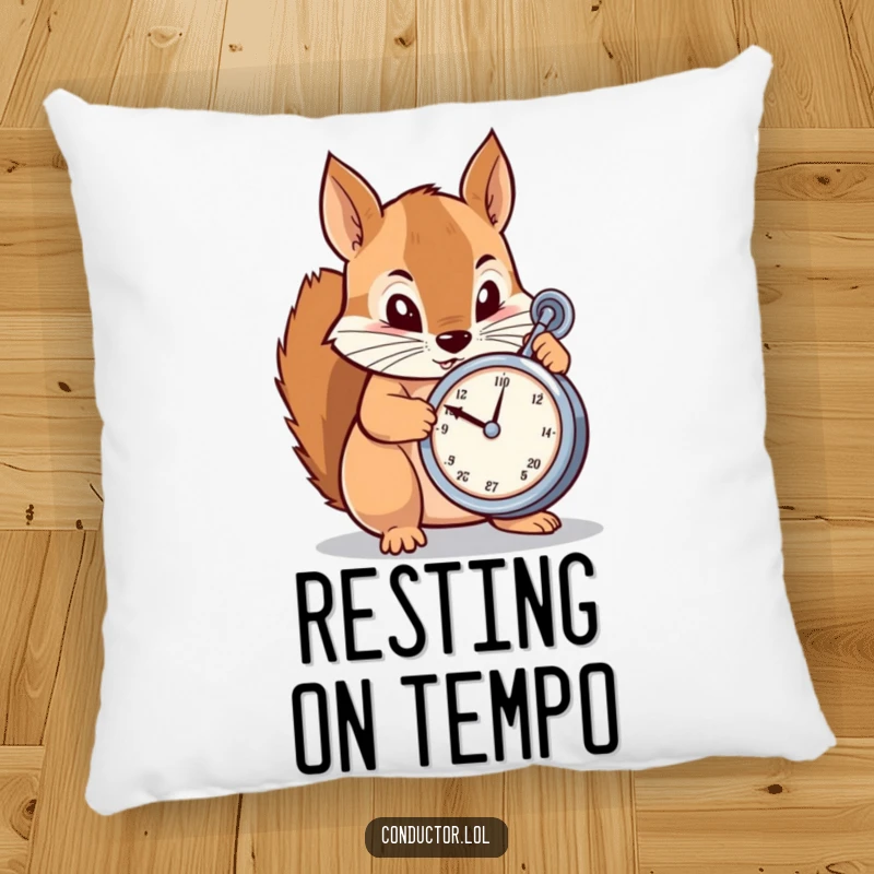 Funny Pillow: A determined cartoon squirrel meticulously adjusting a metronome, offering plush comfort and a focused musical theme.