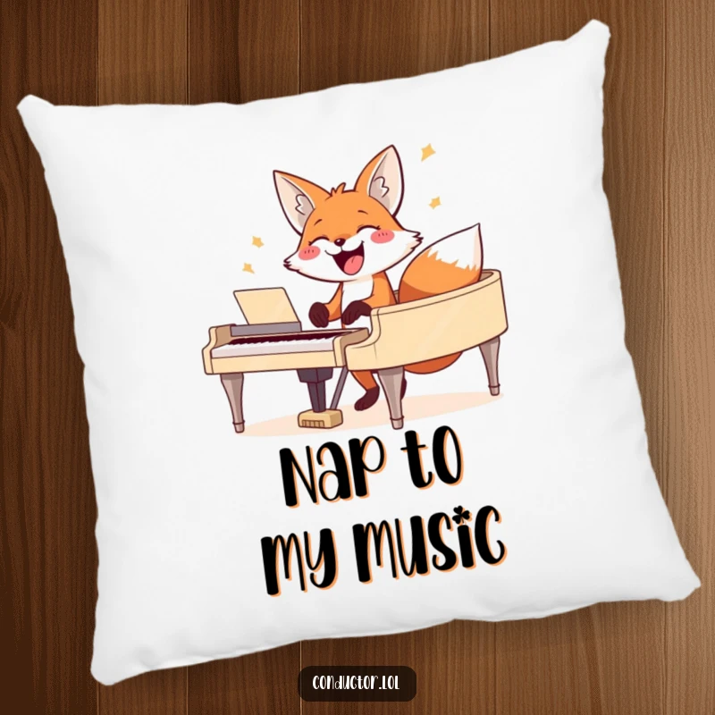 Funny fox pillow, showing a happy fox playing the piano with a wide smile, perfect for sofas.