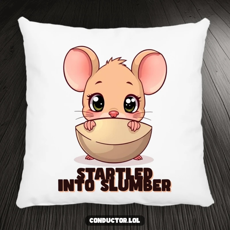 Funny Surprised Mouse Cymbal Pillow: A cartoon mouse with wide eyes peeking from behind a cymbal.