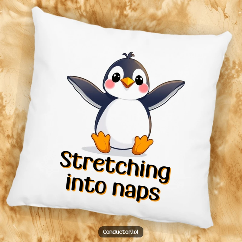 Funny pillow featuring a playful penguin striking a grand pose with arms outstretched, offering a humorous and cozy decorative accent, an ideal funny gift.