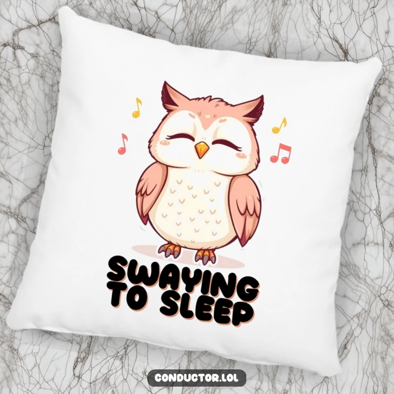 Funny pillow design with a giggling owl swaying with closed eyes to music, bringing comfort and serene happy vibes.