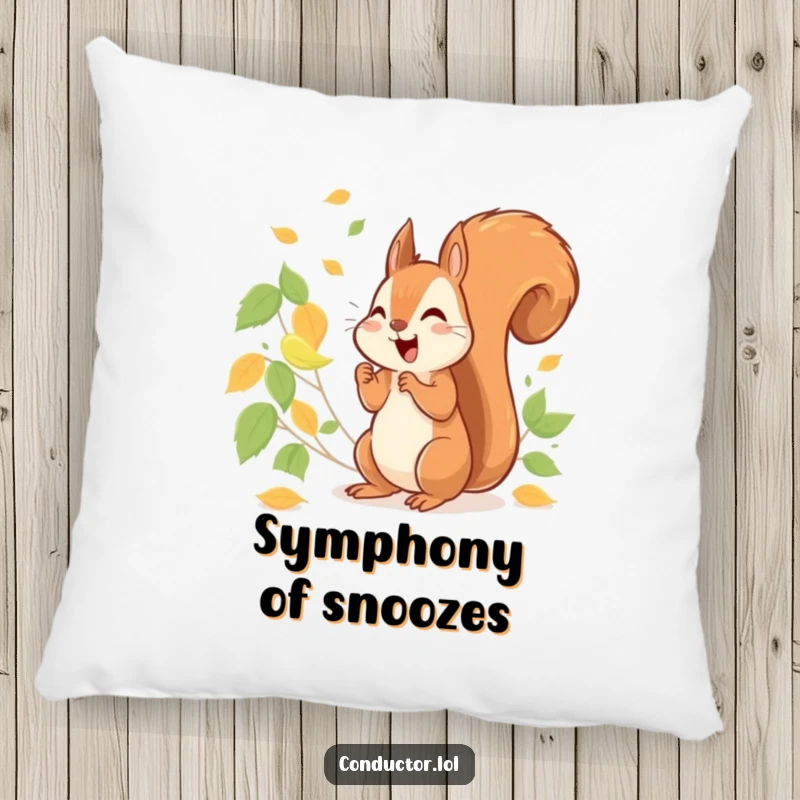 Funny cheerful squirrel energetically conducting a symphony of rustling leaves, on a decorative pillow.