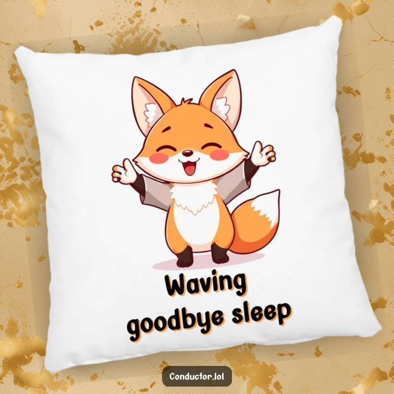 Funny pillow designed with a happy fox enthusiastically waving its arms like a maestro, symbolizing spirited leadership.