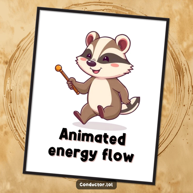 Funny digital art print of a cheerful badger with a baton, energetically tapping its foot while smiling, perfect for lively decor.