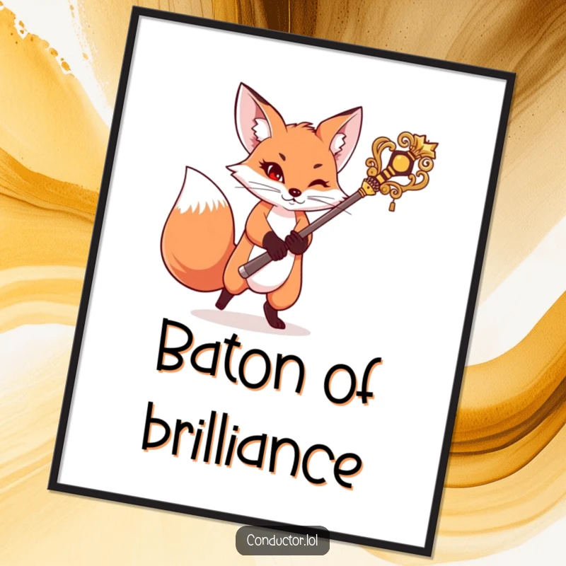 Funny digital art print of a mischievous fox swinging a large baton, exuding playful command and artistic flair for humorous decor.
