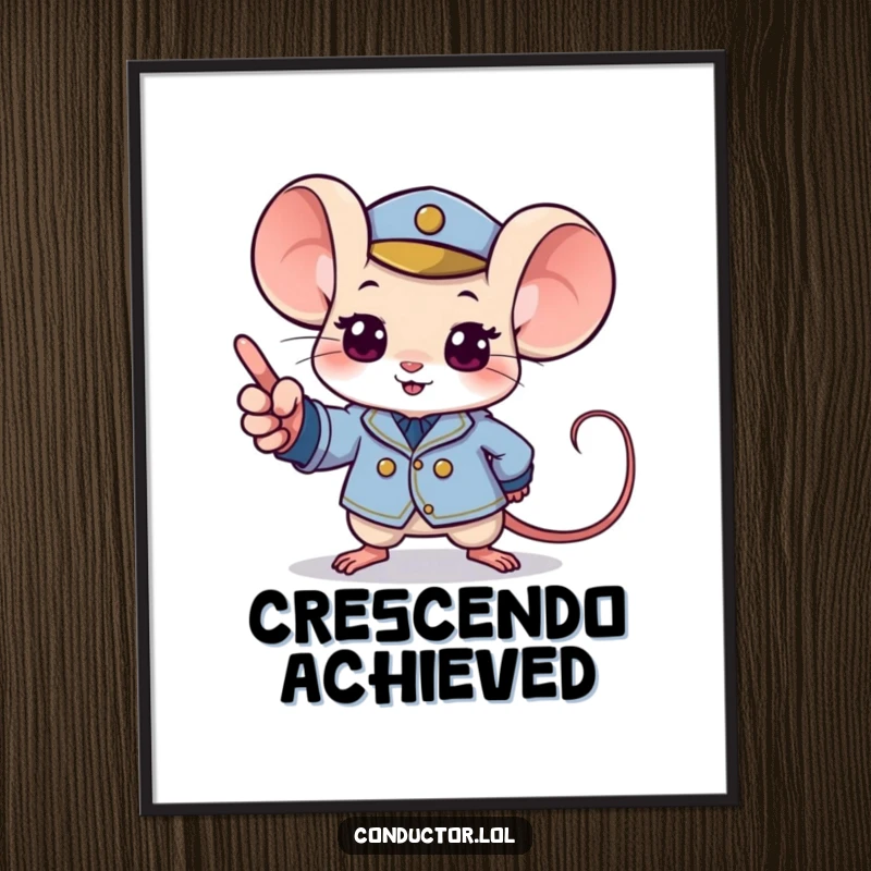 Funny mouse digital art print of a determined mouse in a tiny uniform pointing with excitement to a musical crescendo.
