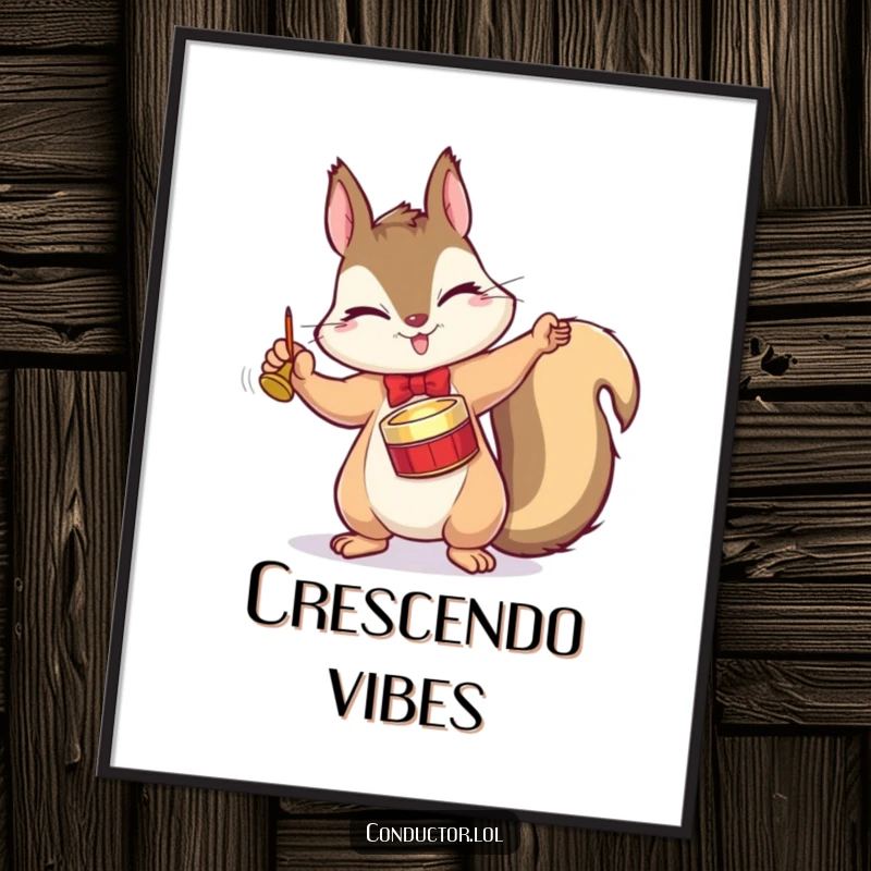 Funny digital art print of a winking squirrel conductor dramatically tapping a tiny cymbal with a flourish, vibrant musical decor.