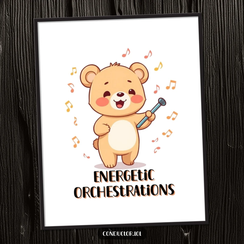 Funny happy cartoon bear cub energetically waving a tiny baton amidst musical notes on a digital art print, energetic musical decor.