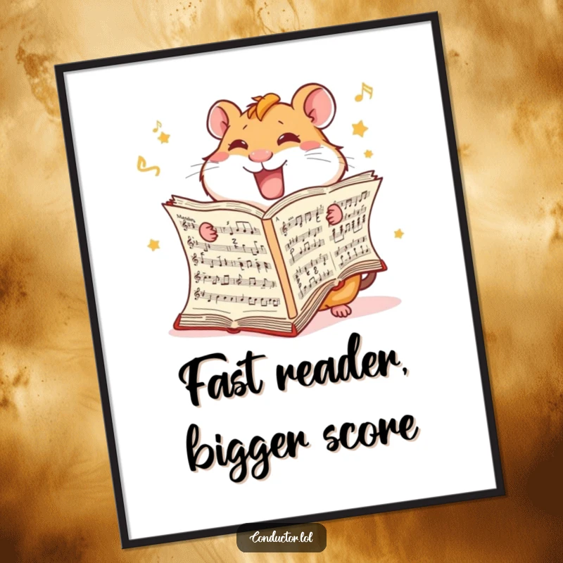 Funny Hamster Score Digital Art Print: A giggling hamster furiously turns pages of a music score.