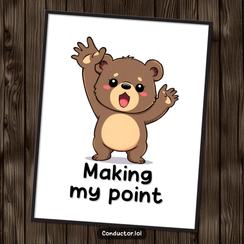 Funny digital art print of a determined bear cub vigorously swinging its arms in a grand gesture, symbolizing ambition and powerful energy.