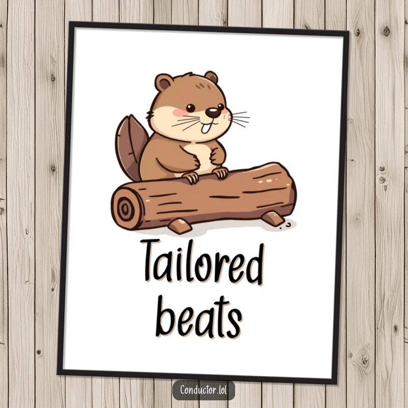 Funny digital art print of a determined beaver tapping its tail rhythmically on a log, capturing a moment of musical focus, a great funny gift.