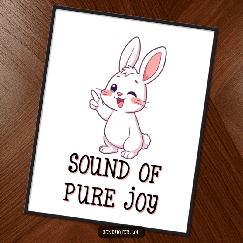 Funny bunny conductor digital art print, showing joyful energy pointing to a musical crescendo, for instant wall decor.