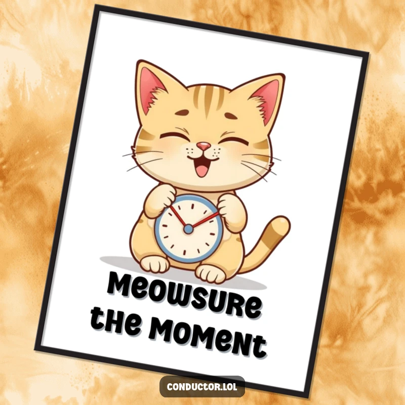 Funny digital art print of a giggling cat tapping a metronome with a focused expression, capturing musical precision.