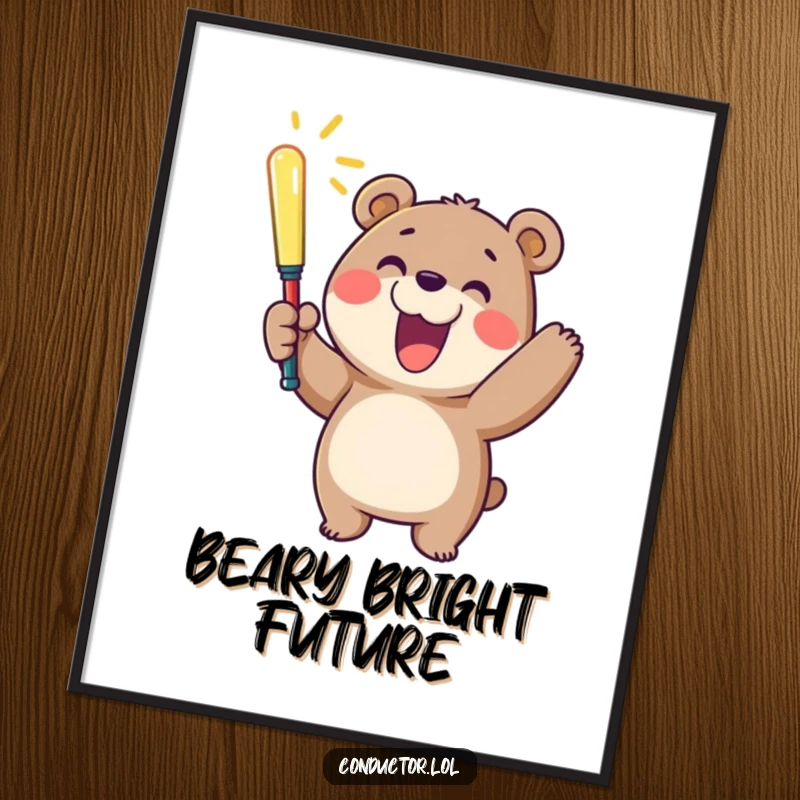 Funny digital art print of a cheerful bear waving a glowing baton with a wide smile, a joyful and energetic addition to any room.