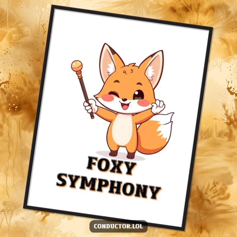 Funny digital art of a happy fox wearing white gloves, dramatically conducting with a baton, exuding sophisticated and humorous energy.