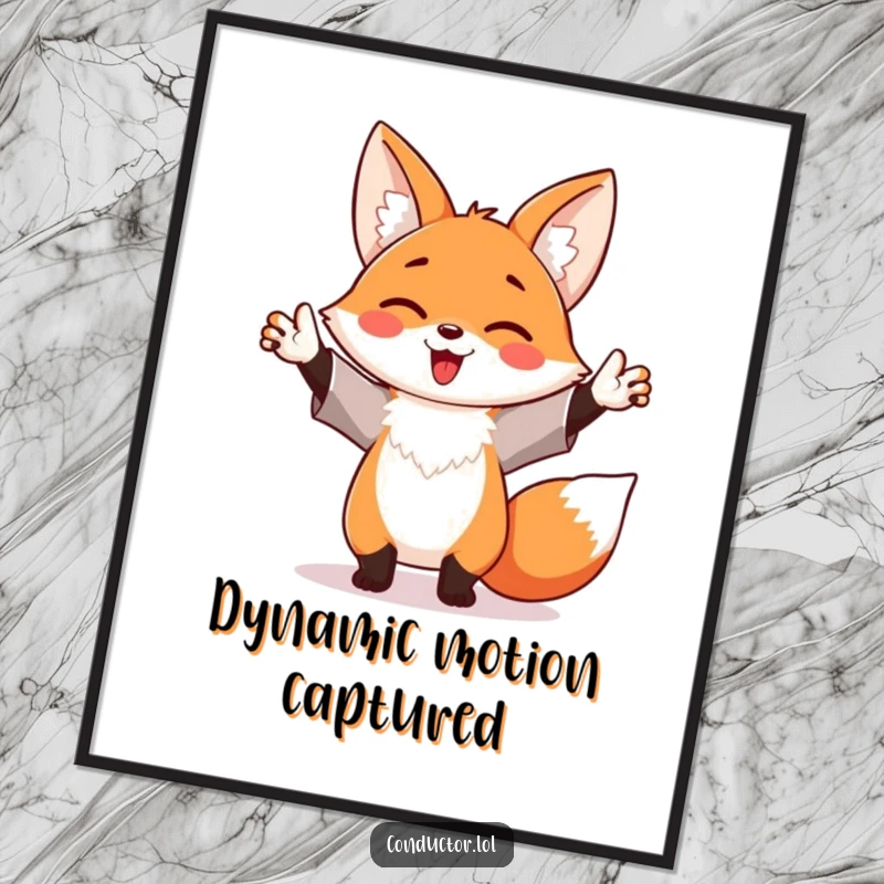 Funny digital art print of a happy fox enthusiastically waving its arms like a maestro, perfect for lively decor.